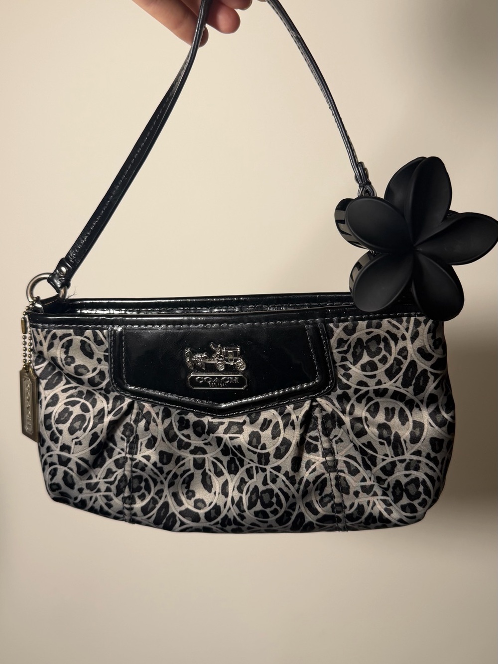 Coach Black & Gray Signature Floral Wristlet with Flower Charm